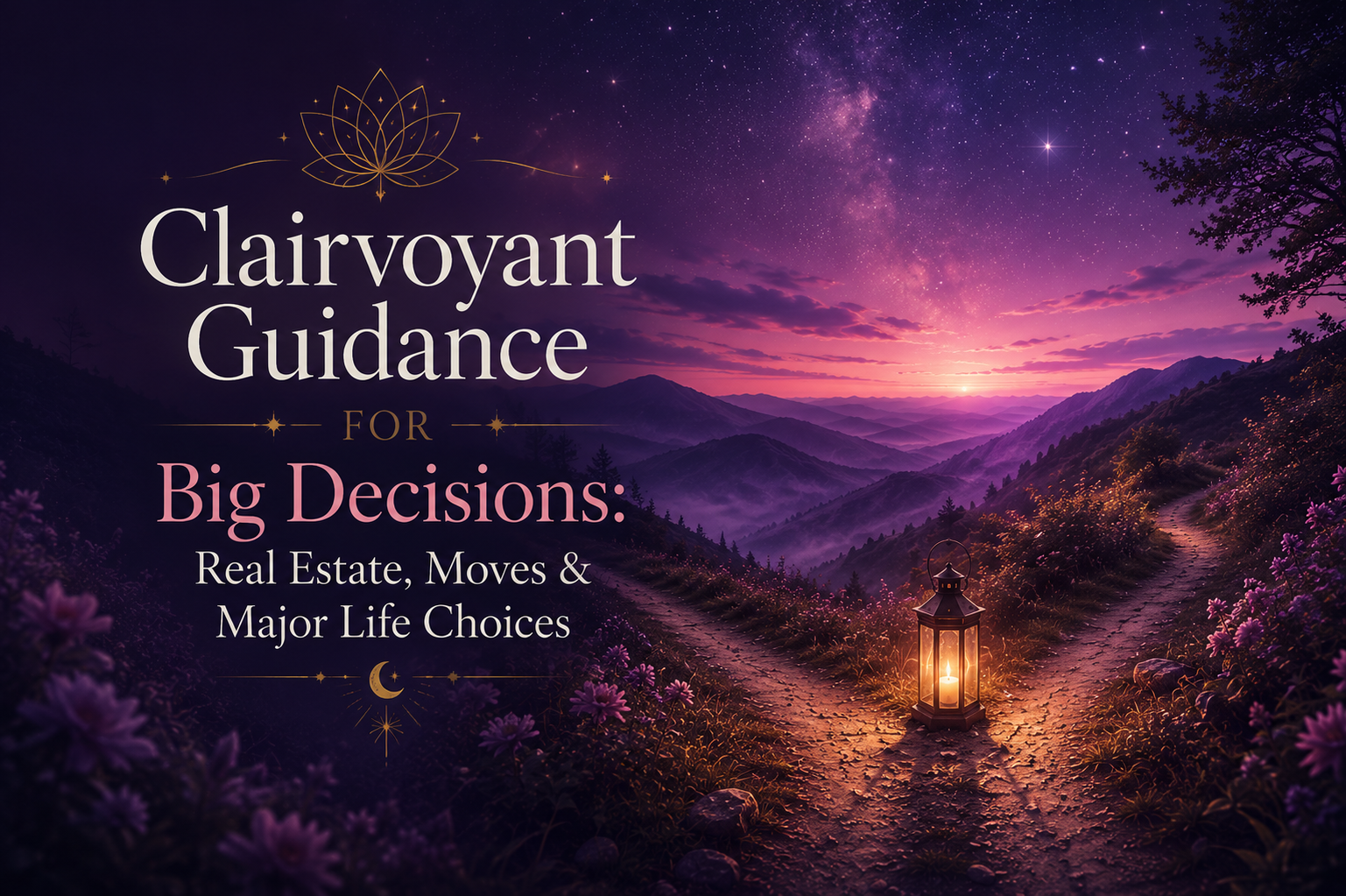 Lantern on a mountain path under a starlit sky, clairvoyant guidance for big life decisions at Sacred Soul Mystic Sanctuary