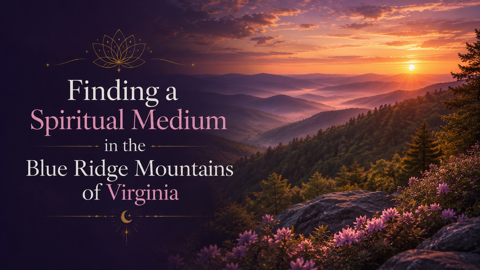 Blue Ridge Mountains of Virginia at sunset with wildflowers