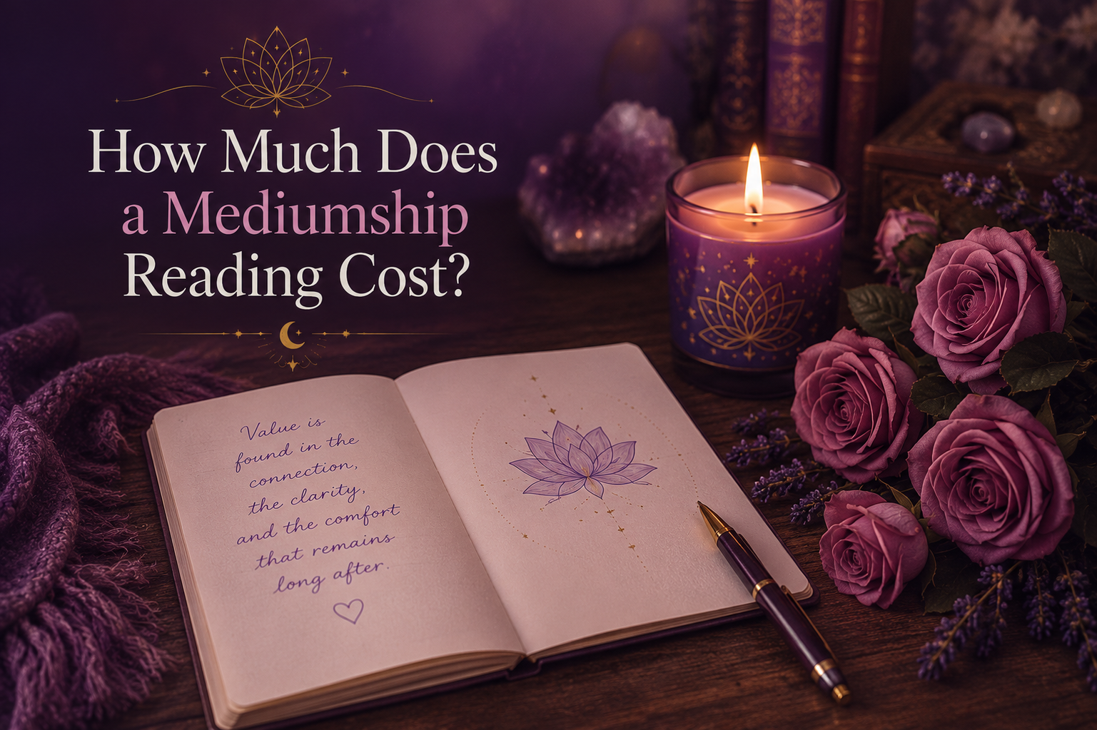 Journal, candle, and roses illustrating mediumship reading pricing at Sacred Soul Mystic Sanctuary