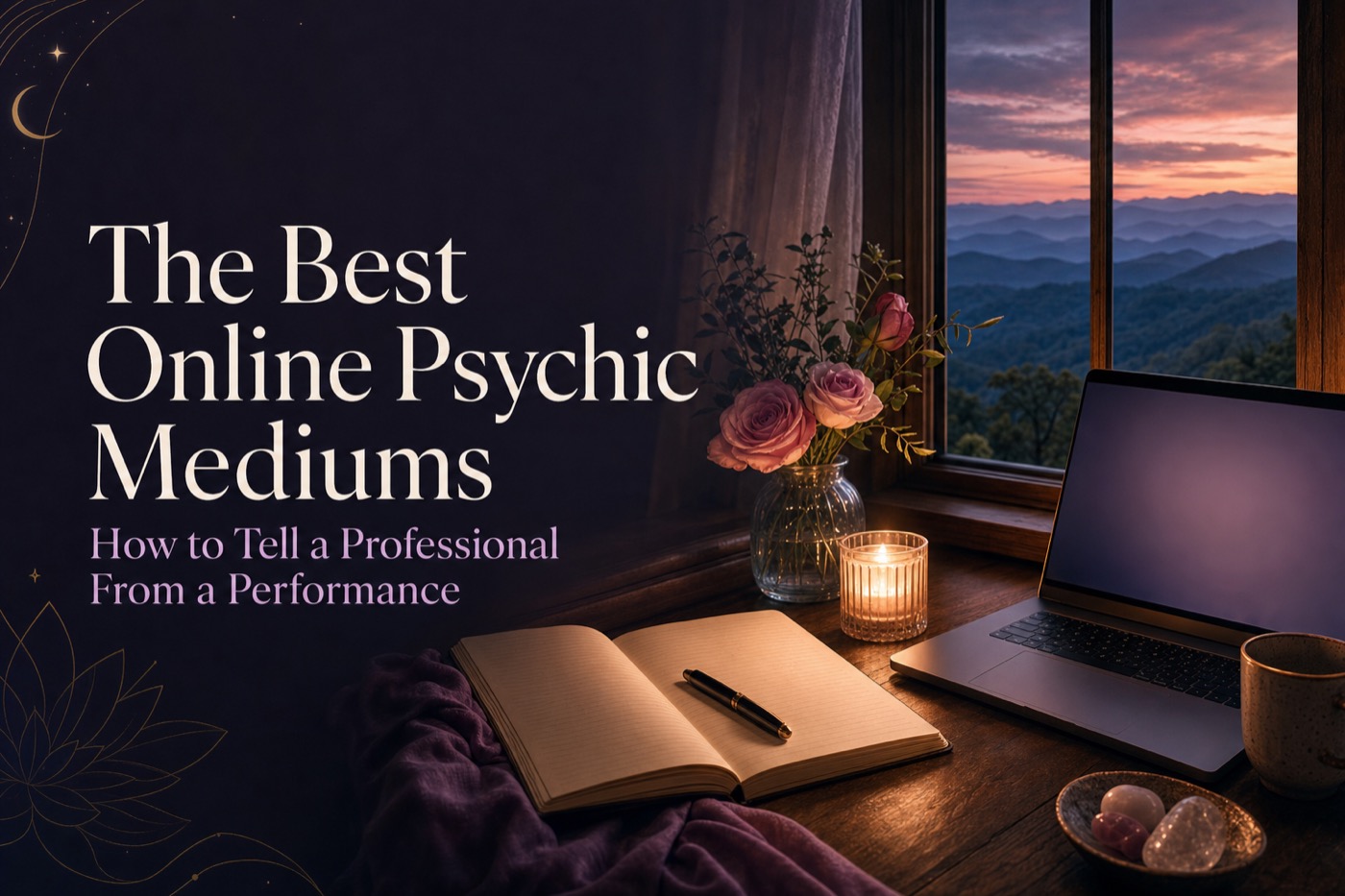 A lamplit desk with journal, candle and roses beside a window over the Blue Ridge mountains at dusk