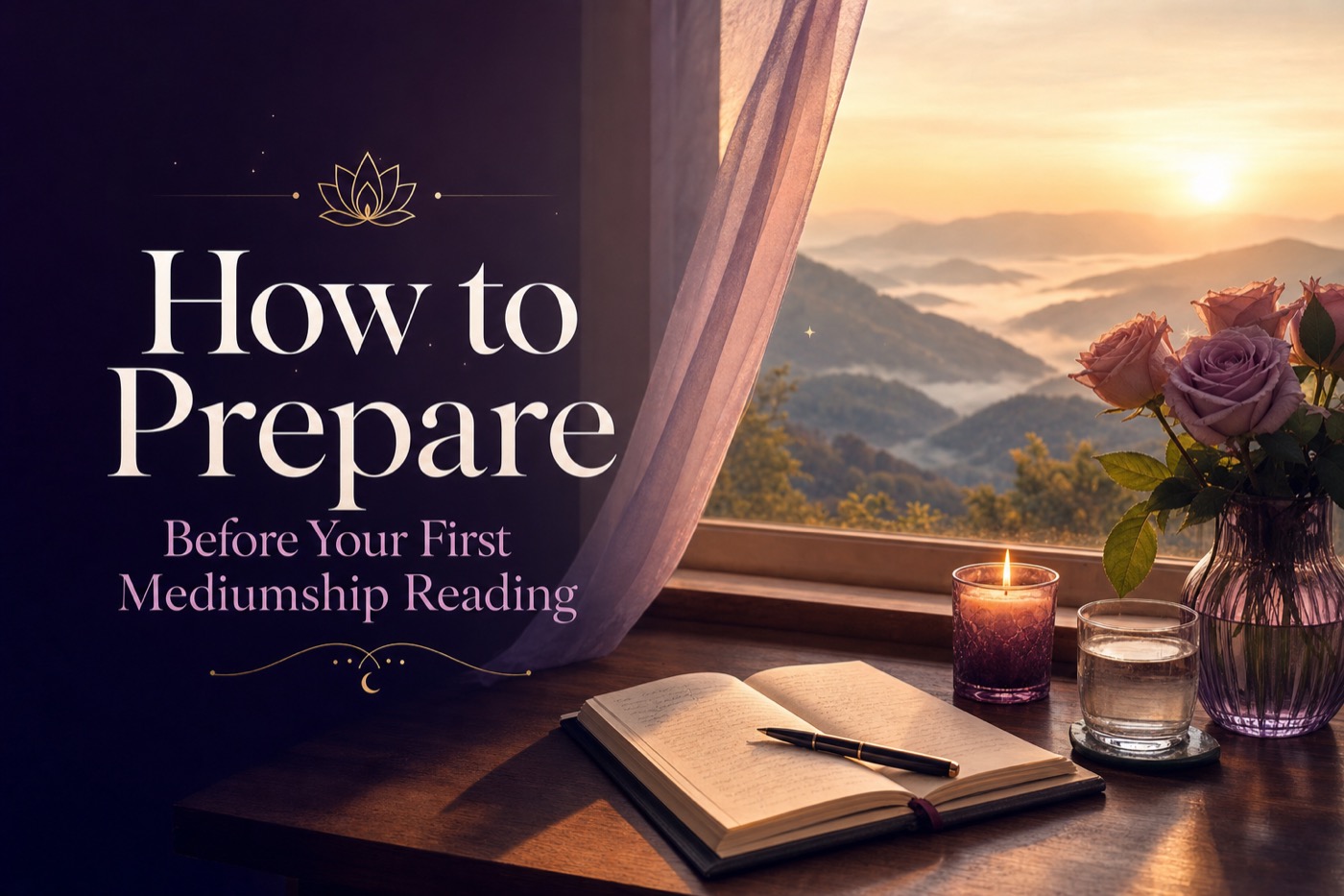 An open journal, pen, candle and roses on a windowsill above misty Appalachian hills at sunrise