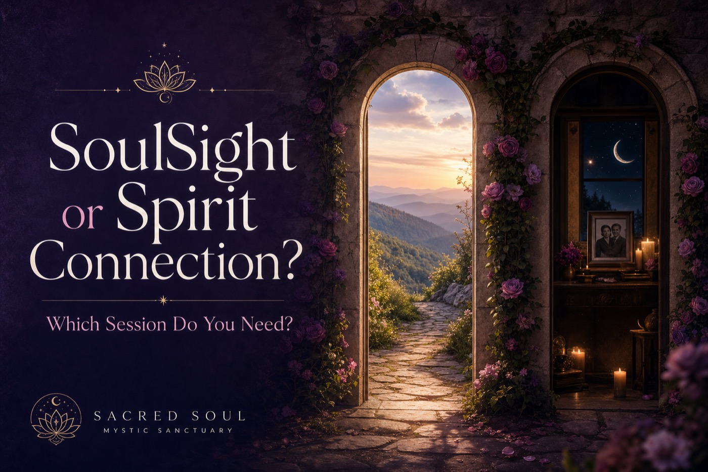 Two arched doorways, one opening to a sunlit Blue Ridge path and one to a candlelit night interior
