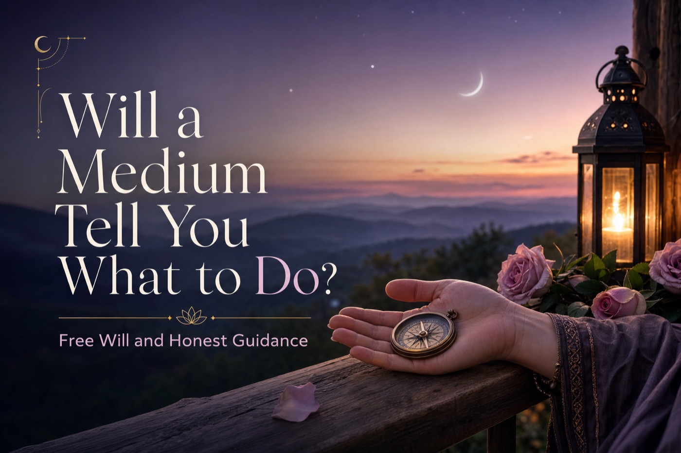 An open hand holding a small compass on a mountain porch rail at dusk under a crescent moon