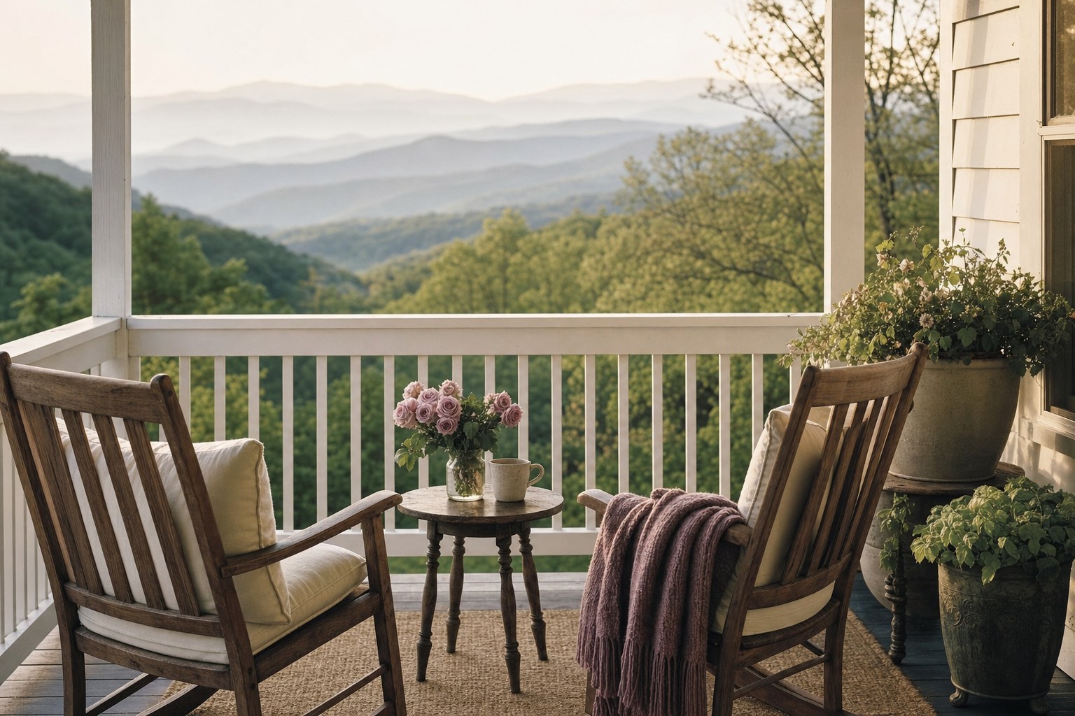 A porch in the Blue Ridge mountains of Virginia with two chairs turned toward each other