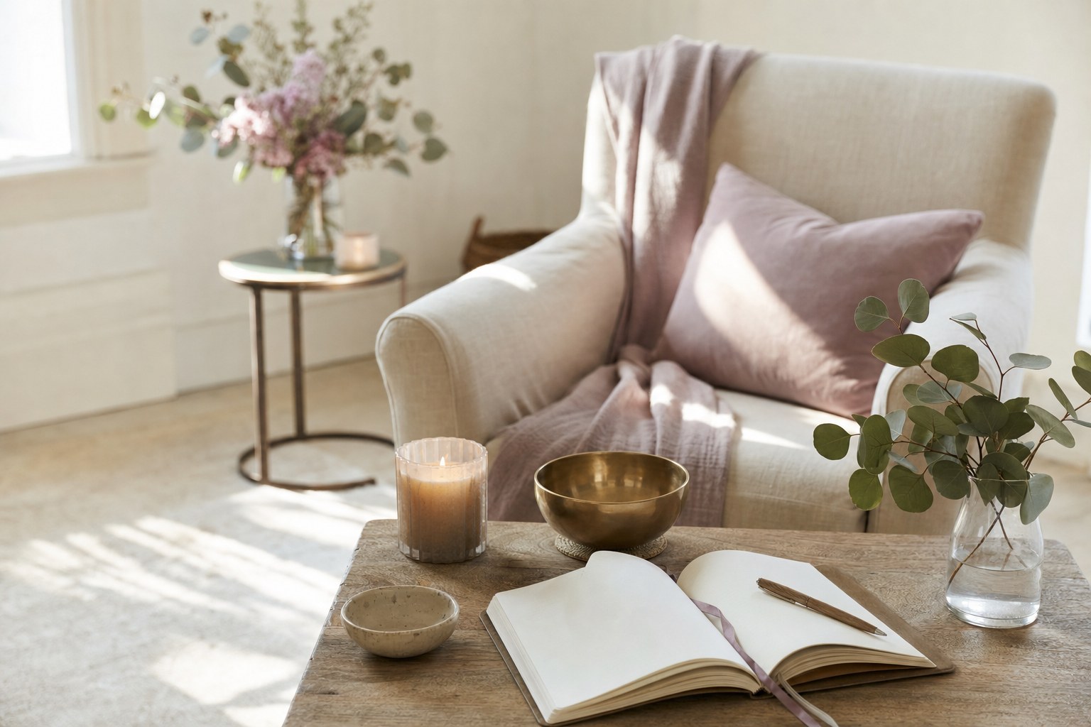 A quiet corner set for a session: an armchair, a lit candle and an open notebook in morning light